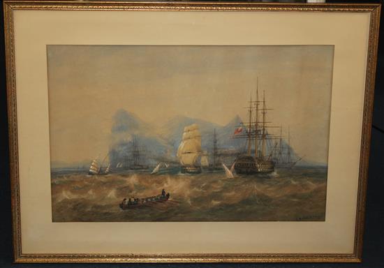Andrew Nicholl RHA (1804-1886) Men oWar off Gibraltar, 17.75 x 27in.